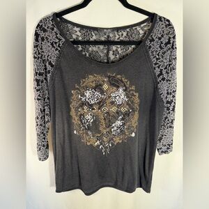 Miss Me Charcoal Top with Lace Sleeves